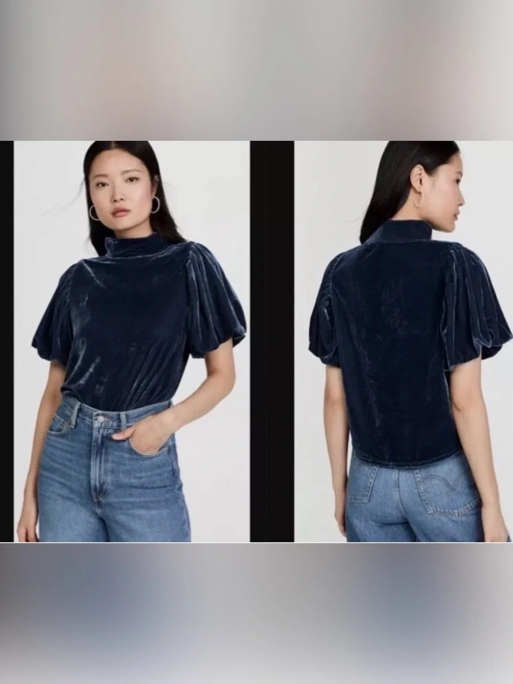 Free People Blue Claudia Velvet Mock Neck Puff Sleeve Top Size XS